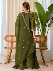 Aarini Olive Green Embroidered Kurta Set with Flared Palazzo and Organza Dupatta