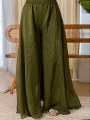 Aarini Olive Green Embroidered Kurta Set with Flared Palazzo and Organza Dupatta