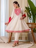 Floral Embroidered Chanderi_Silk Round_Neck Kurta Trouser & Dupatta Set