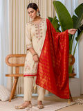 Floral embroidered silk_blend round_neck Kurta Trouser & Dupatta Set