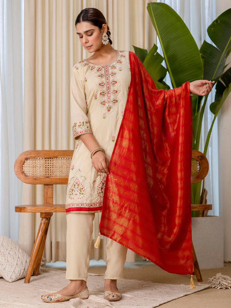 Floral embroidered silk_blend round_neck Kurta Trouser & Dupatta Set