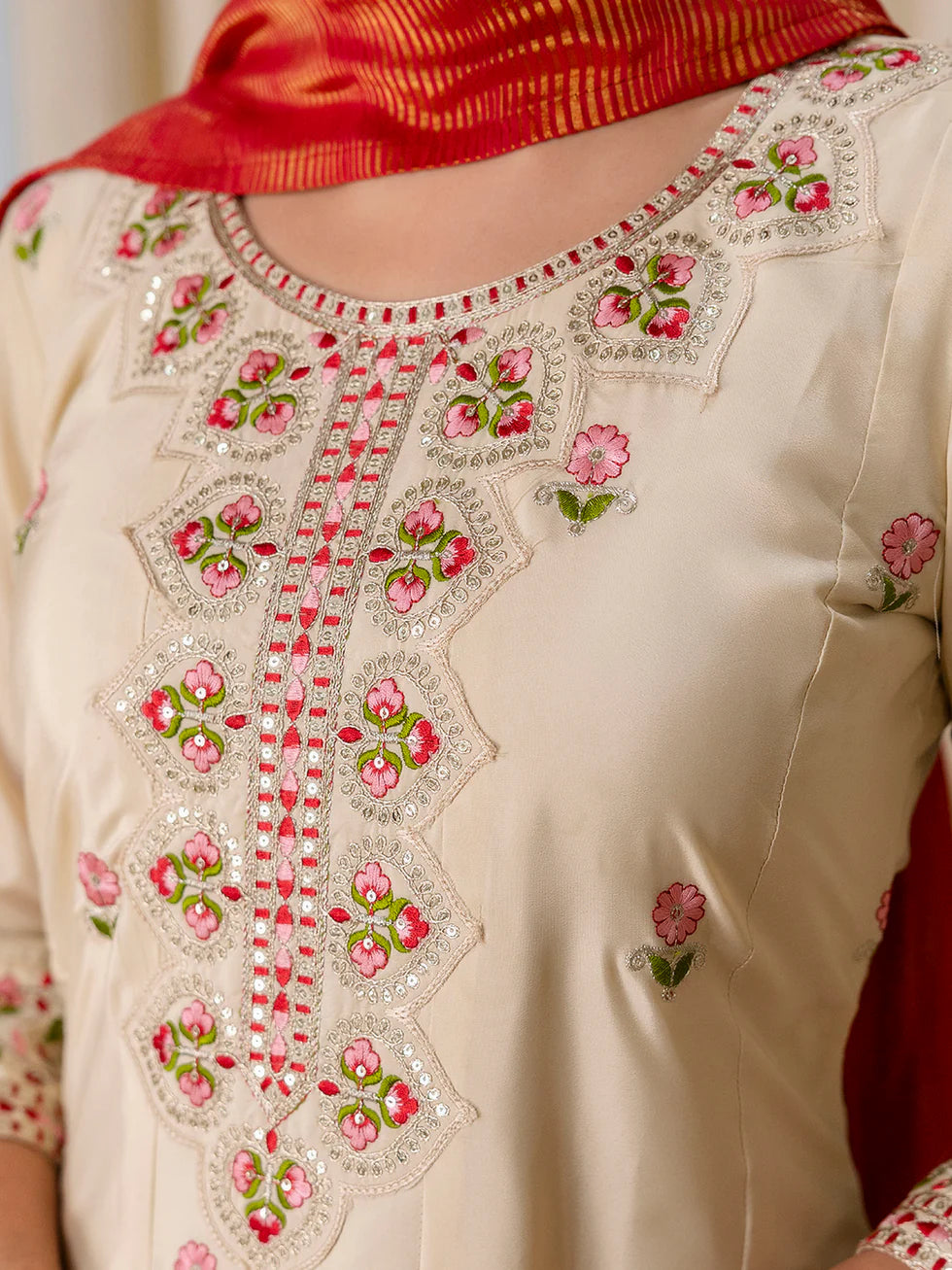 Floral embroidered silk_blend round_neck Kurta Trouser & Dupatta Set