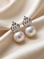 925 Silver Crown Pearl Stud Earrings for Women