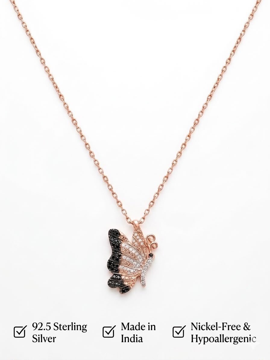 925 Sterling Silver Black Butterfly Pendant Necklace for Women