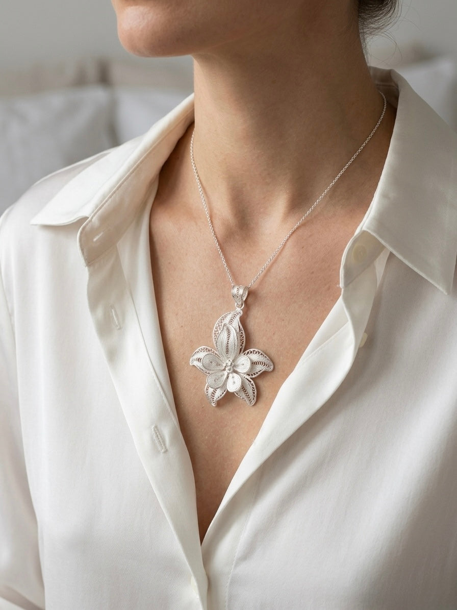 925 Sterling Silver Magnolia Filigree Pendant For Women