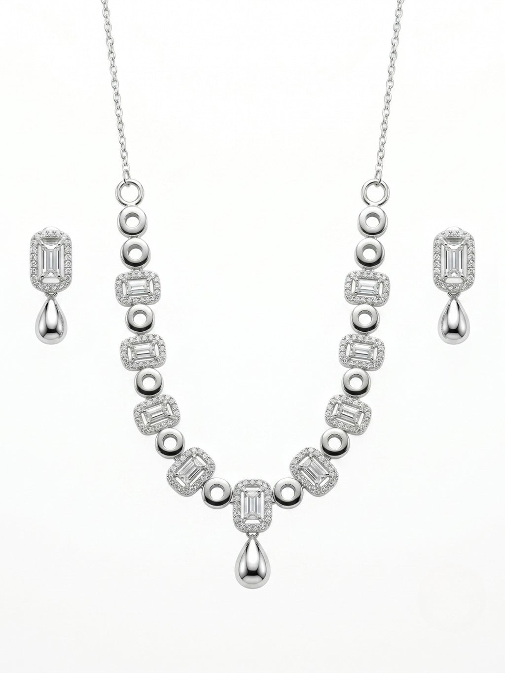 925 Sterling Silver Emerald Halo Drop Necklace Set with earrings