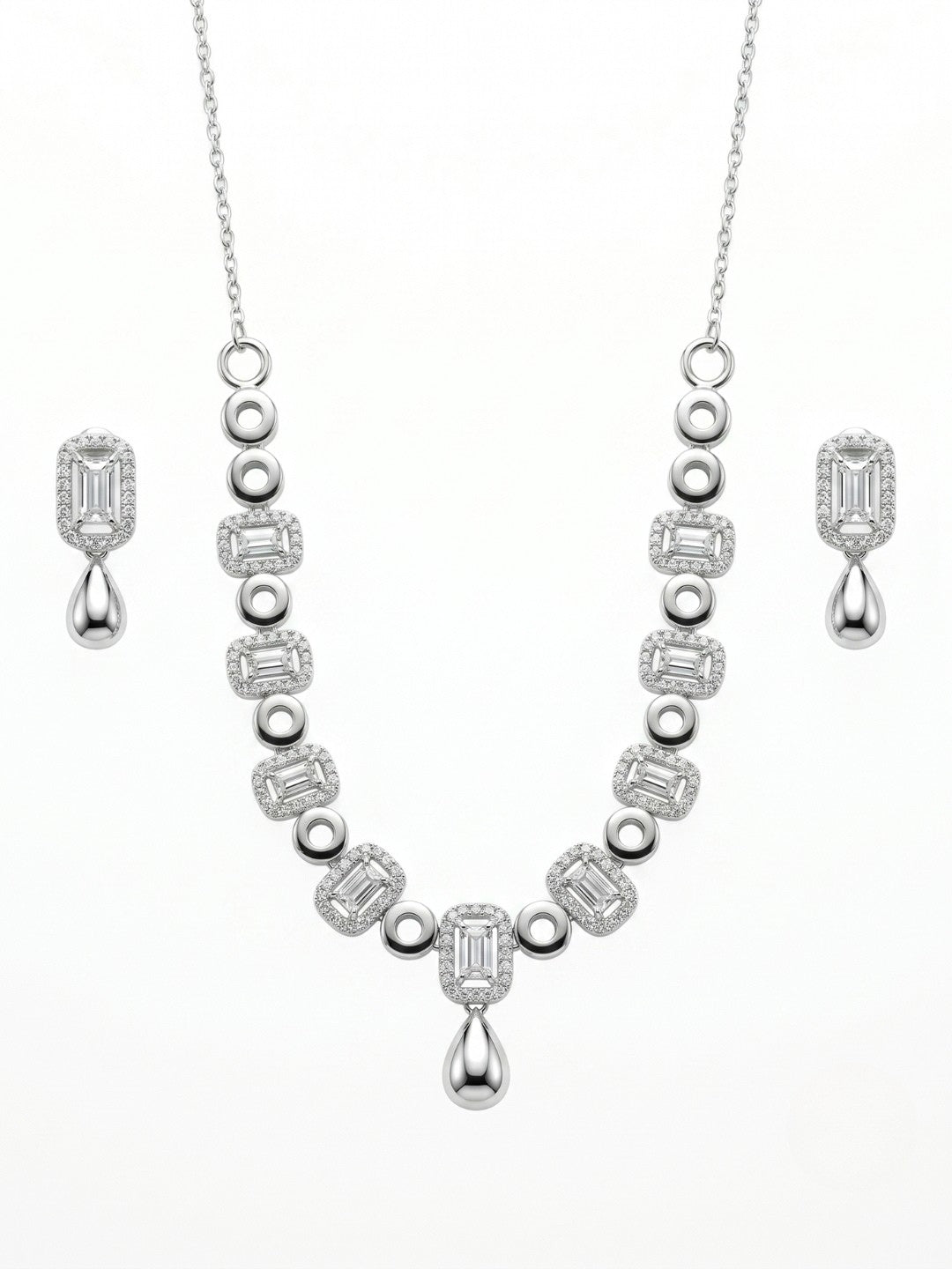 925 Sterling Silver Emerald Halo Drop Necklace Set with earrings