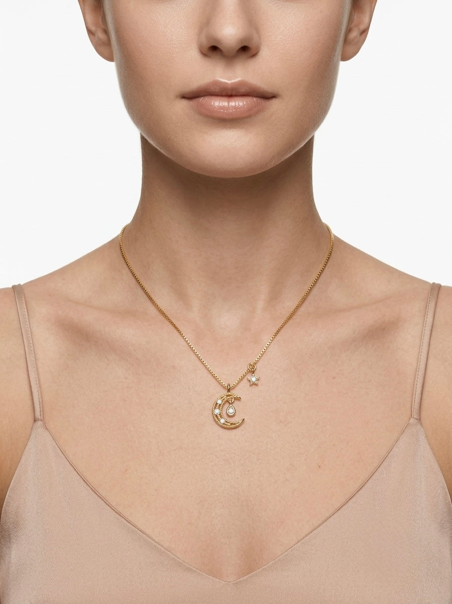 925 Sterling Silver Moon & Star Necklace for Women