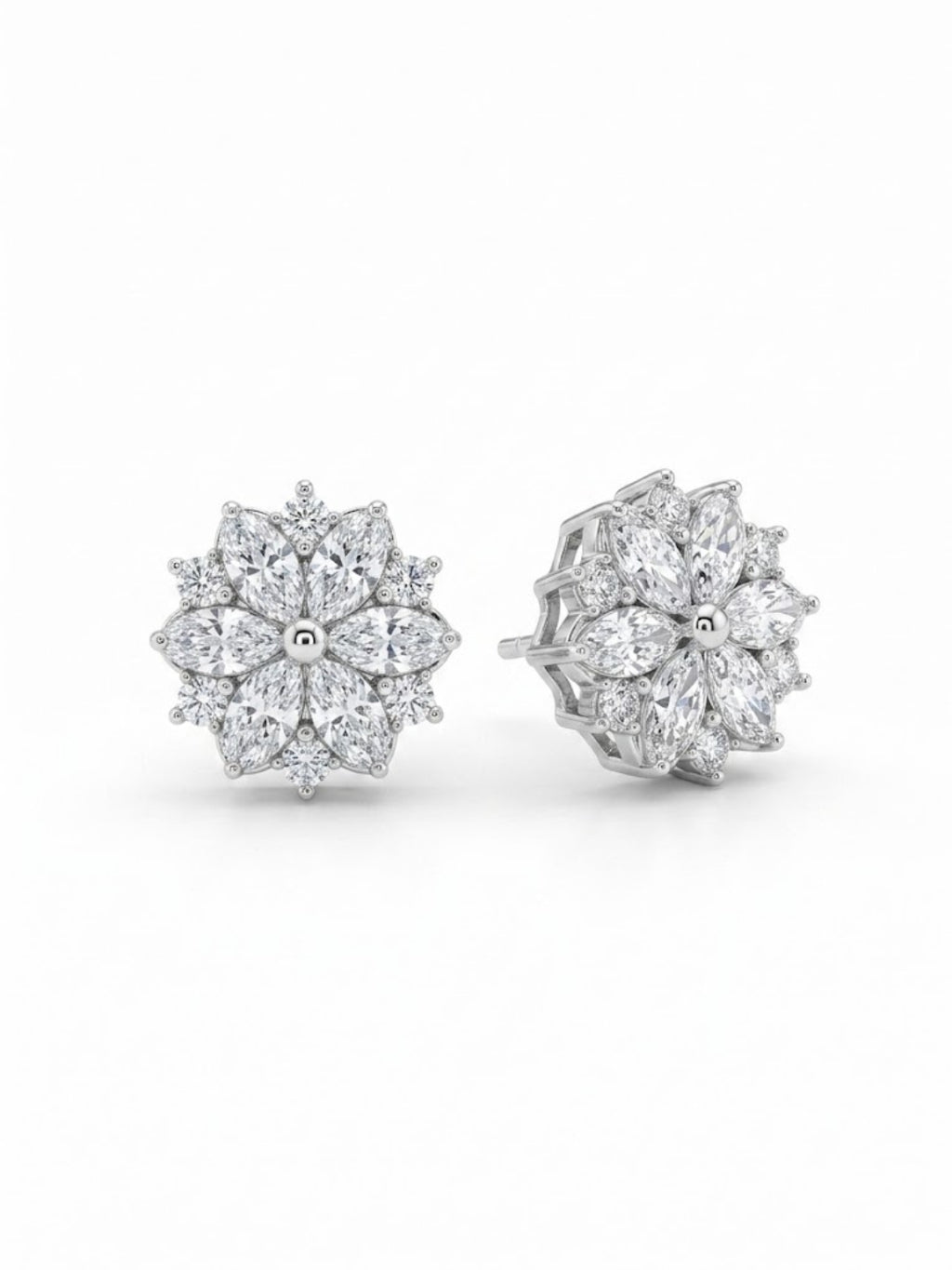 925 Silver Floral Marquise Stud Earrings for Women