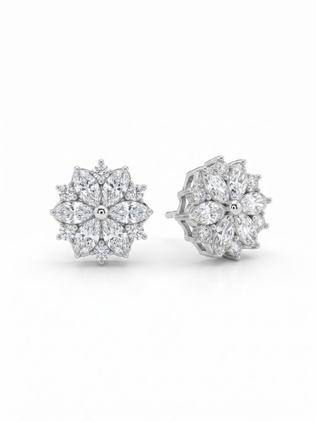 925 Silver Floral Marquise Stud Earrings for Women