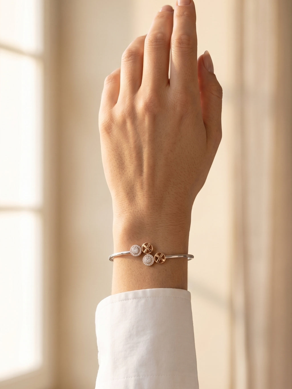 92.5 Sterling Silver Dual Halo Charm Open Bracelet for Women