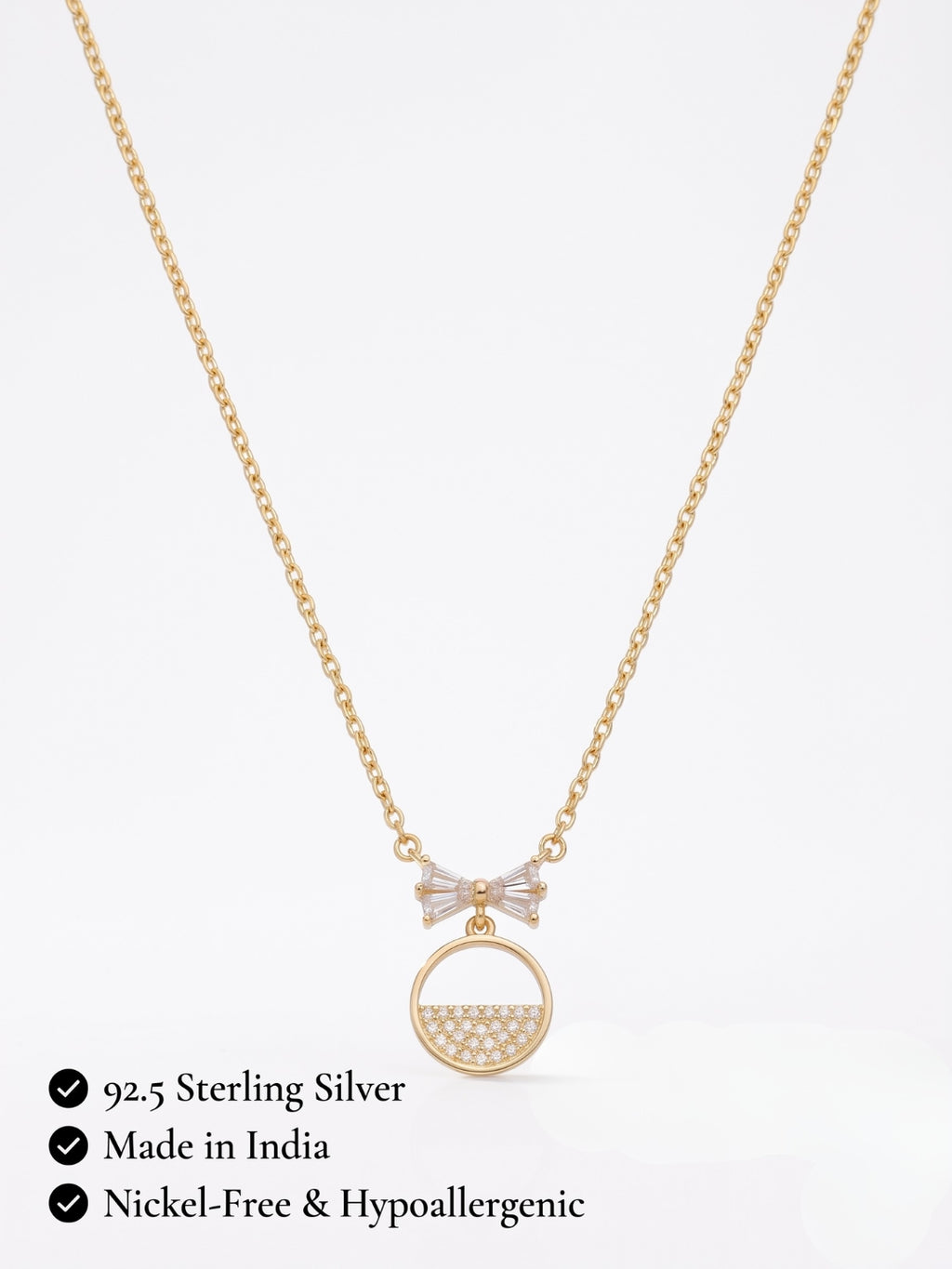 925 Sterling Silver Golden Bow Circle Necklace for Women