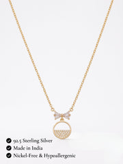 925 Sterling Silver Golden Bow Circle Necklace for Women