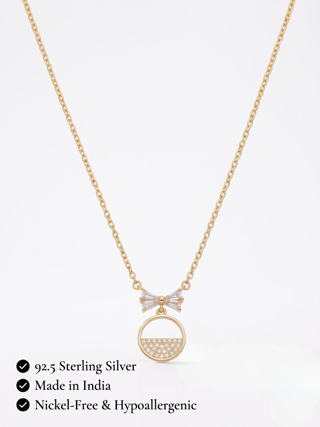 925 Sterling Silver Golden Bow Circle Necklace for Women