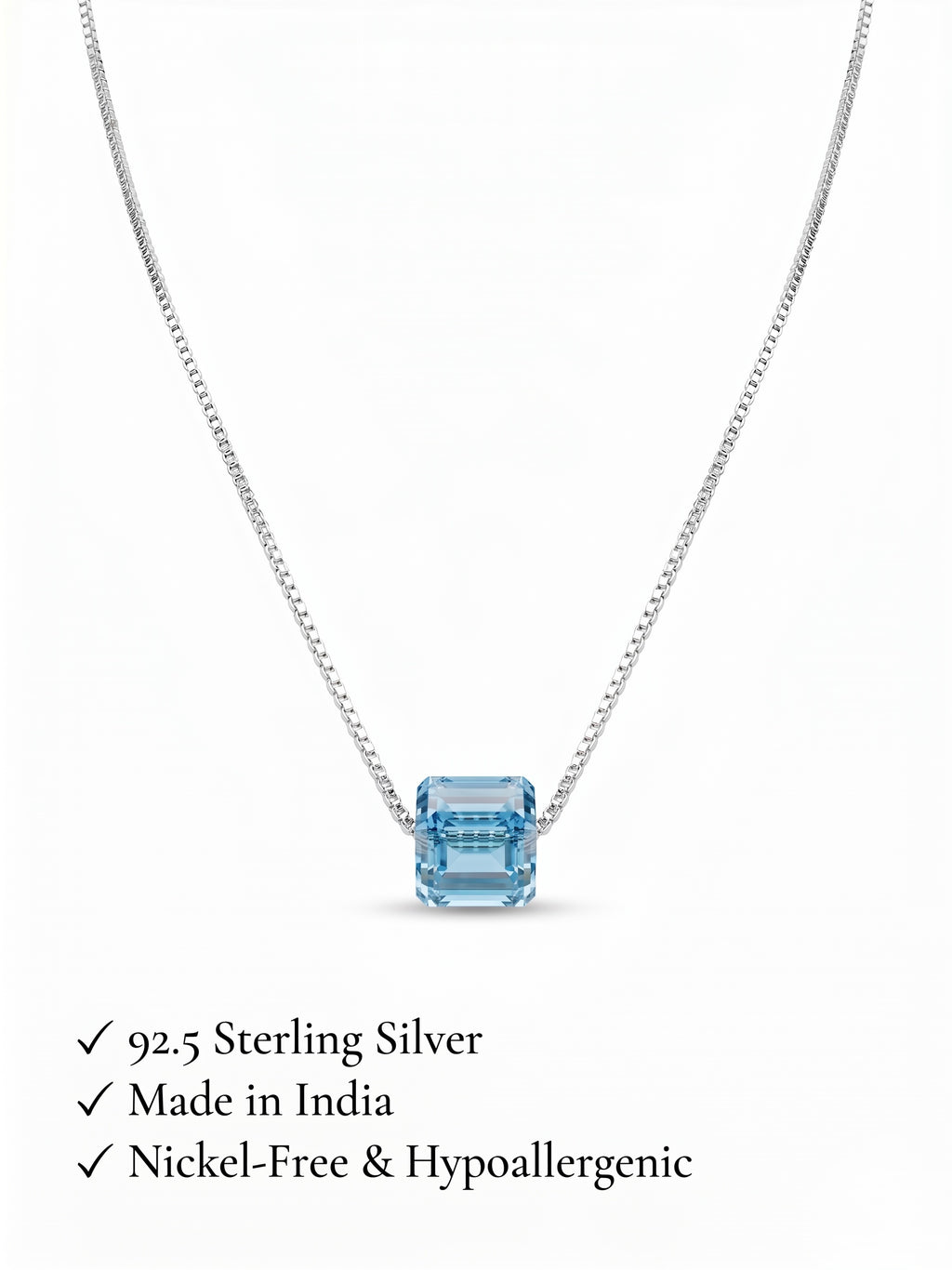 925 Sterling Silver Emerald-Cut Blue Solitaire Pendant Necklace for Women