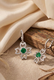 925 Silver Emerald Flower Drop Earrings for Women
