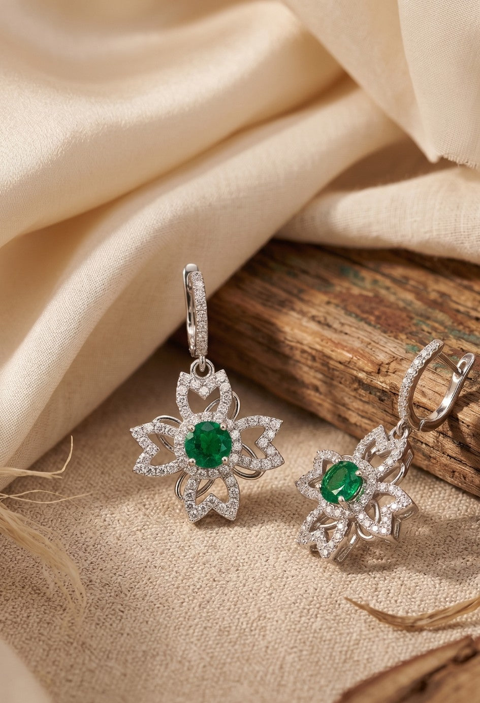 925 Silver Emerald Flower Drop Earrings for Women