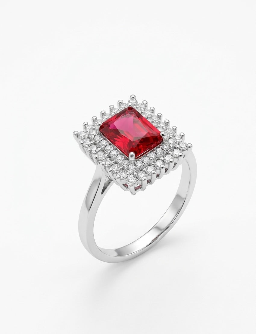 925 Sterling Silver Ruby Radiance Halo Ring for Women