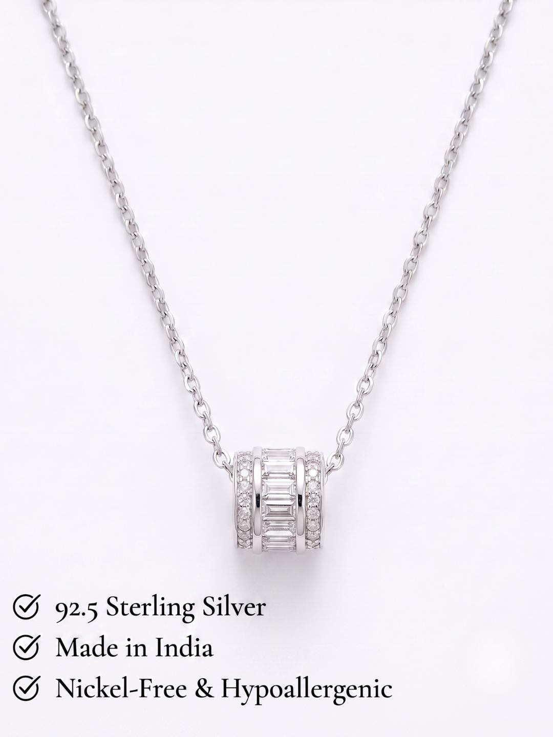 925 Sterling Silver Baguette CZ Barrel Pendant Necklace for Women