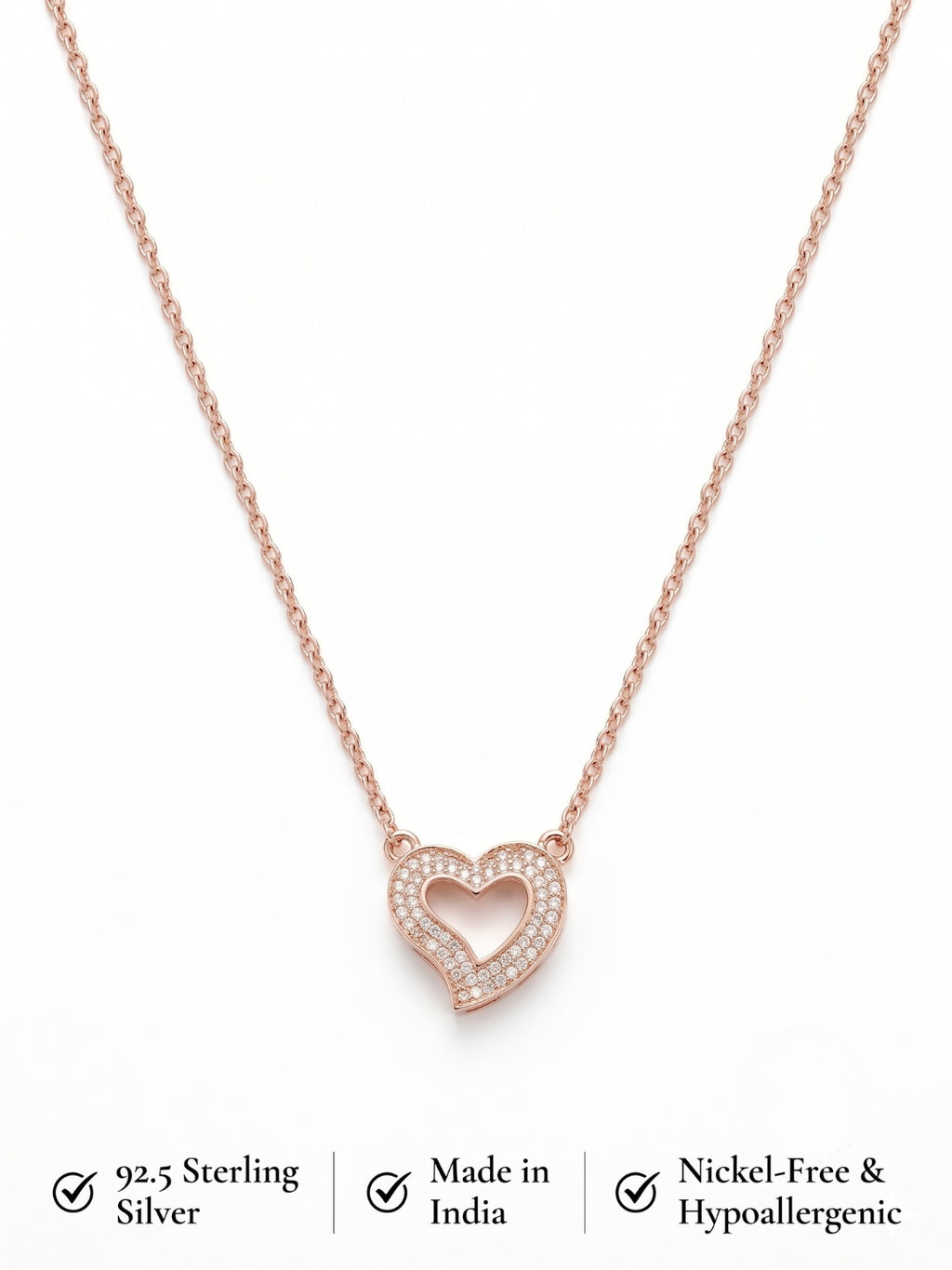 925 Sterling Silver Rose Gold Open Heart CZ Necklace for Women