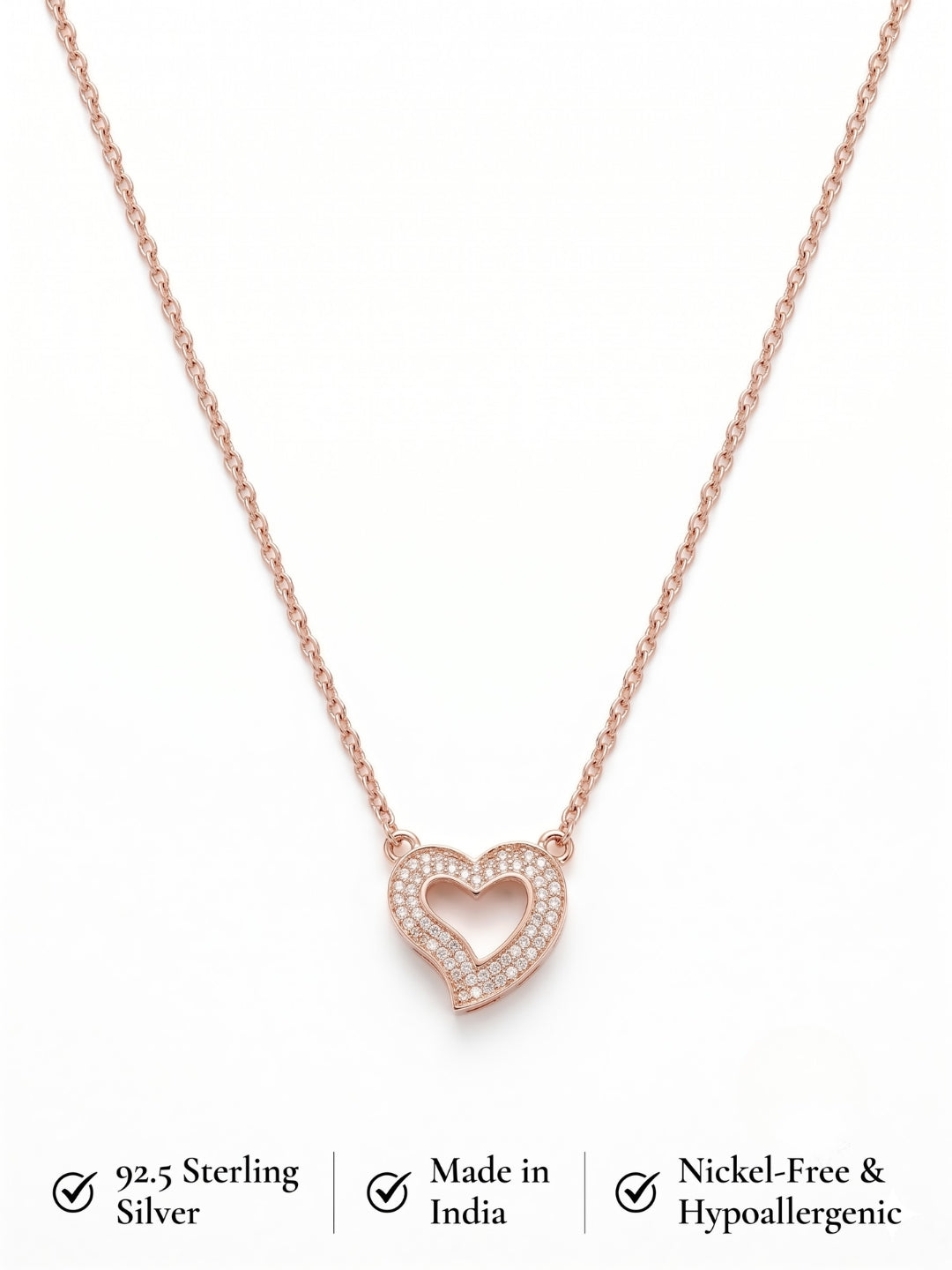 925 Sterling Silver Rose Gold Open Heart CZ Necklace for Women