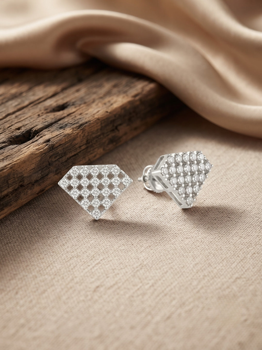 925 Silver Earrings Diamond Shape Lattice Stud Earrings for Women