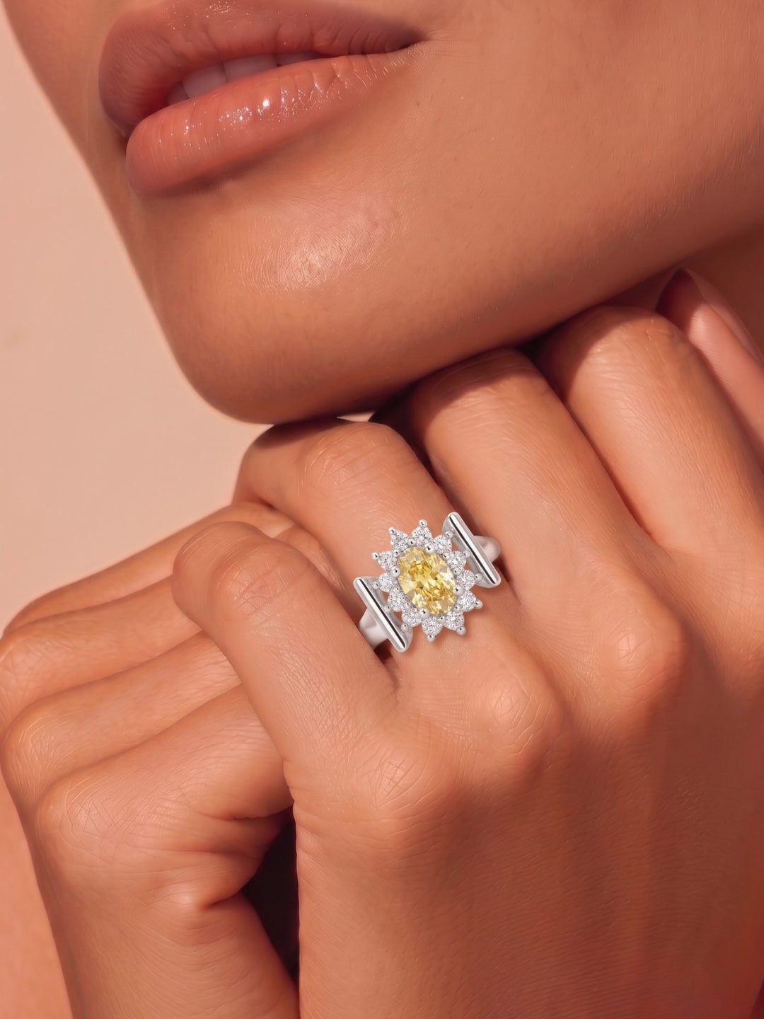 925 Sterling Silver Yellow Oval Halo Cocktail Ring for Women