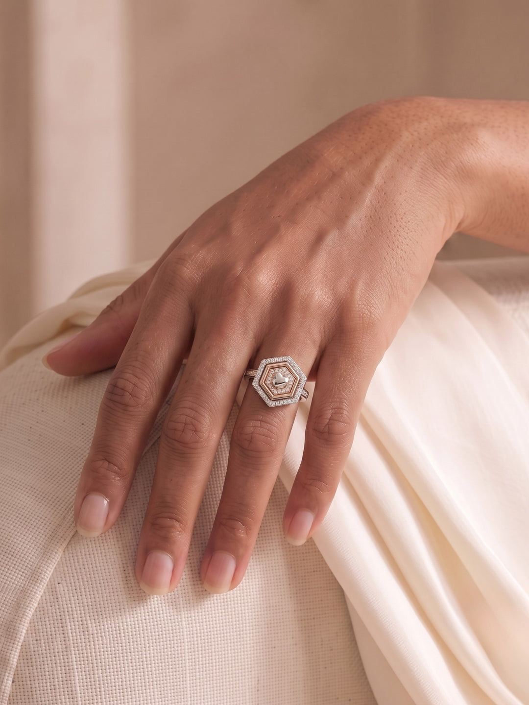 925 Sterling Silver Hexagon Heart Geometric Ring for Women