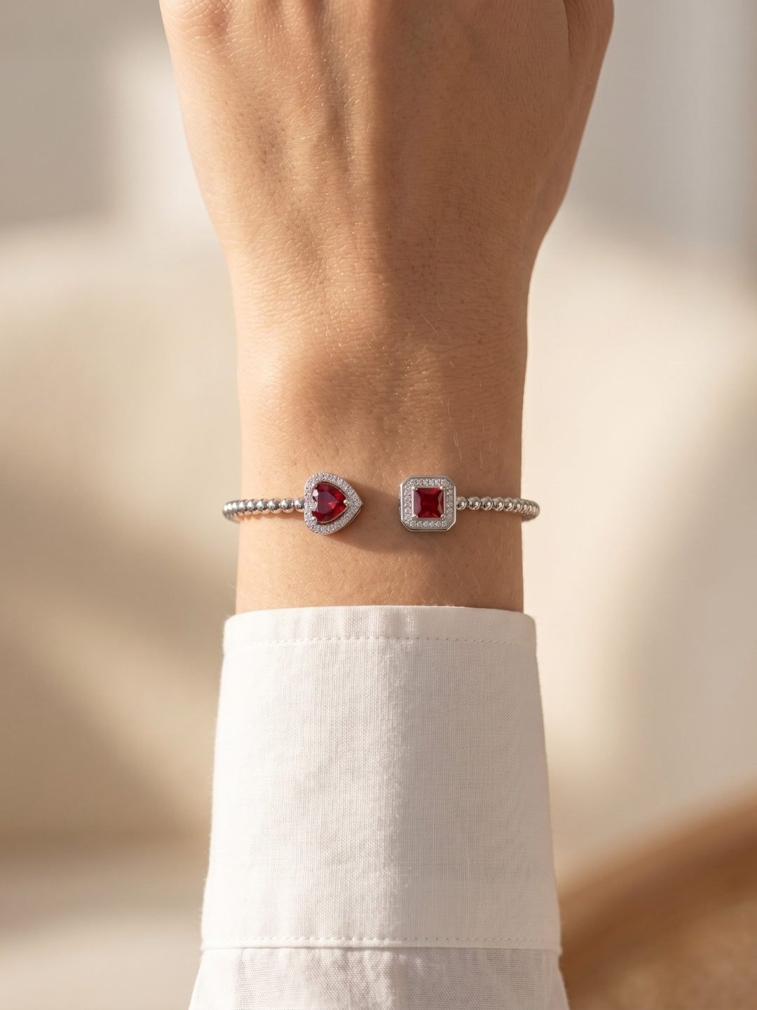 92.5 Sterling Silver Ruby Romance Double Charm Bracelet for Women