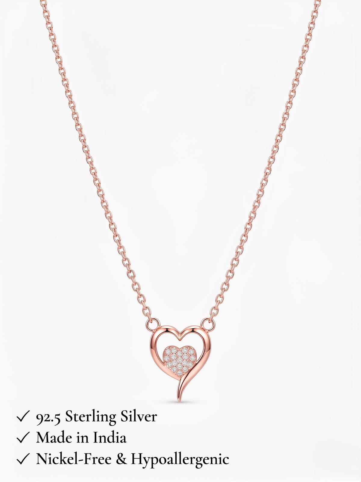 925 Sterling Silver Rose Gold Open Heart Cubic Zirconia Pendant Necklace for Women