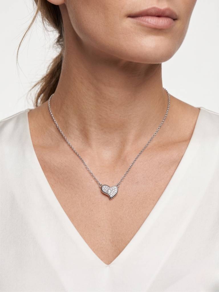 925 Sterling Silver Pavé CZ Heart Pendant Necklace for Women
