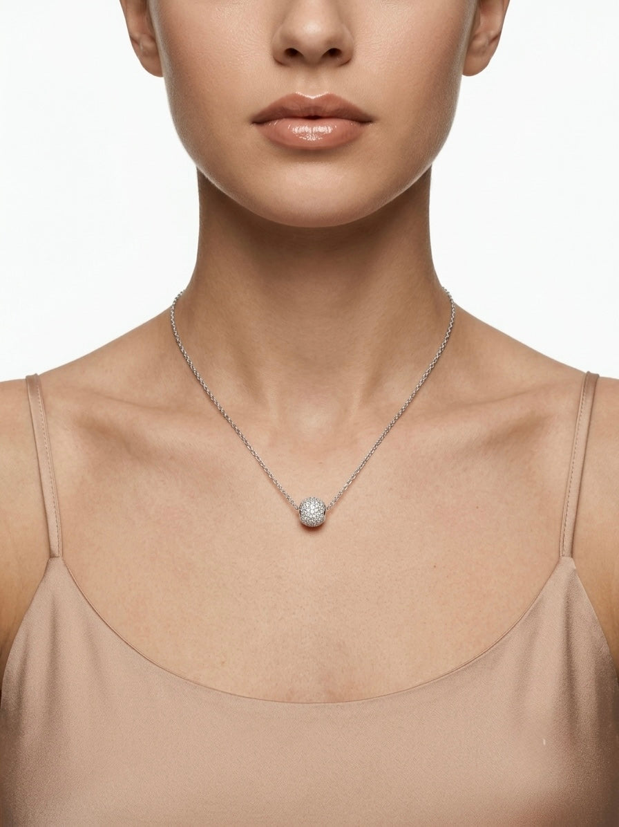925 Sterling Silver Pave CZ Sphere Pendant Necklace for Women