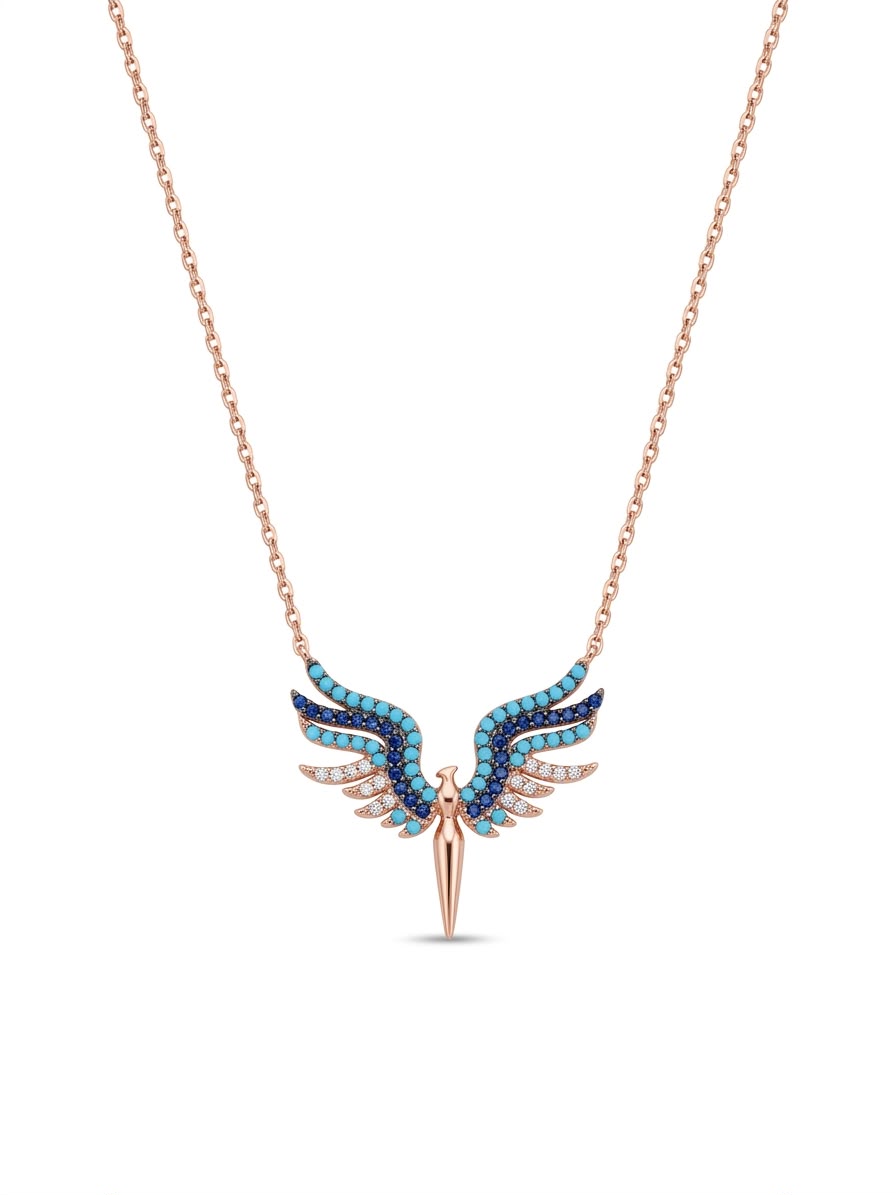 925 Sterling Silver Rose Gold Turquoise & Sapphire Blue Winged Necklace for Women