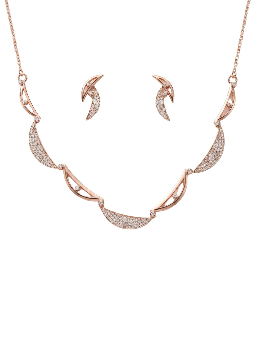 925 Sterling Silver Rose Gold Crescent Sparkle Necklace Set with earrings