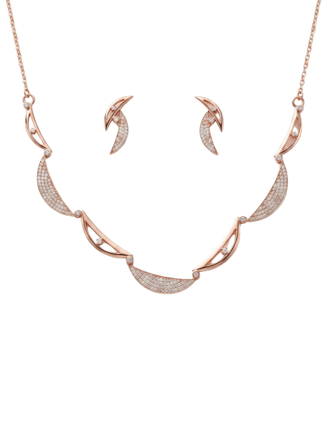 925 Sterling Silver Rose Gold Crescent Sparkle Necklace Set with earrings