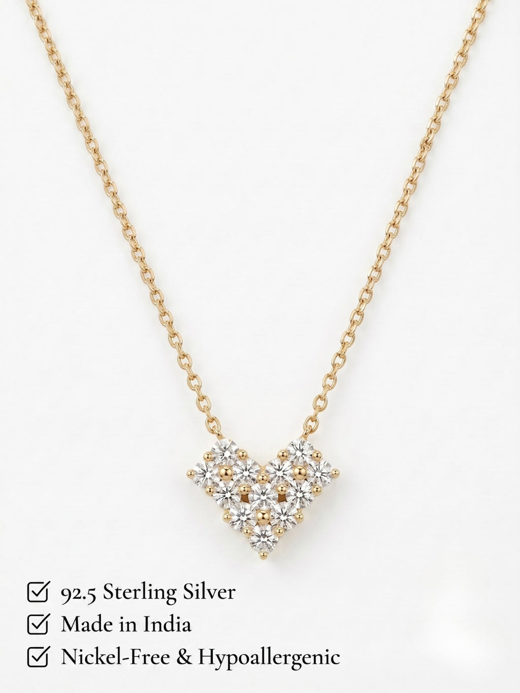 925 Sterling Silver Golden Diamond Heart Cluster Necklace for Women