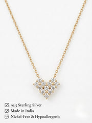 925 Sterling Silver Golden Diamond Heart Cluster Necklace for Women