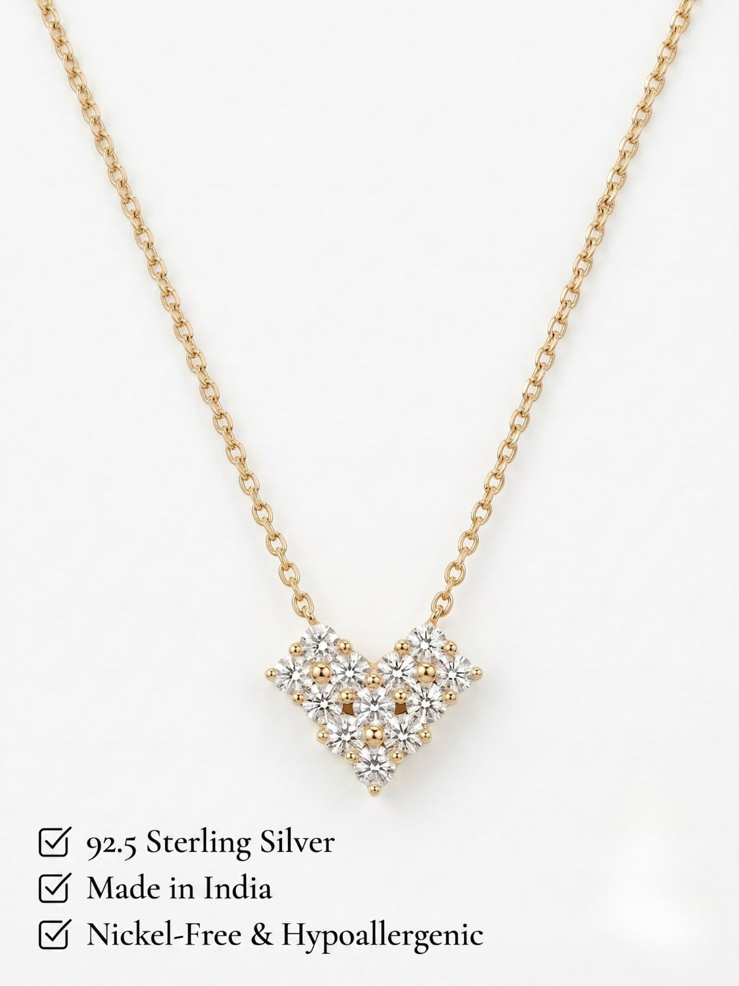925 Sterling Silver Golden Diamond Heart Cluster Necklace for Women
