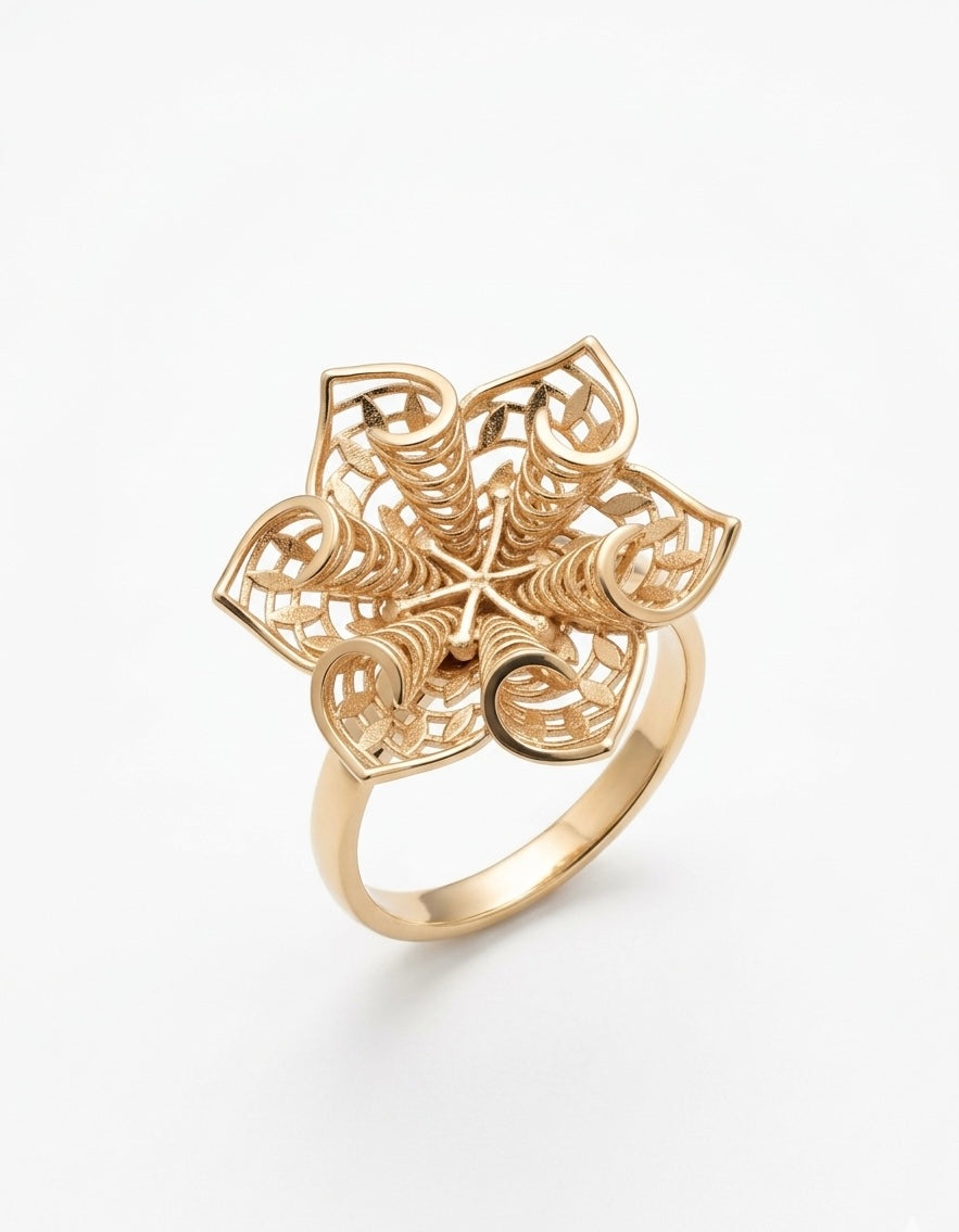 925 Sterling Silver Gold Bloom Filigree Ring for Women