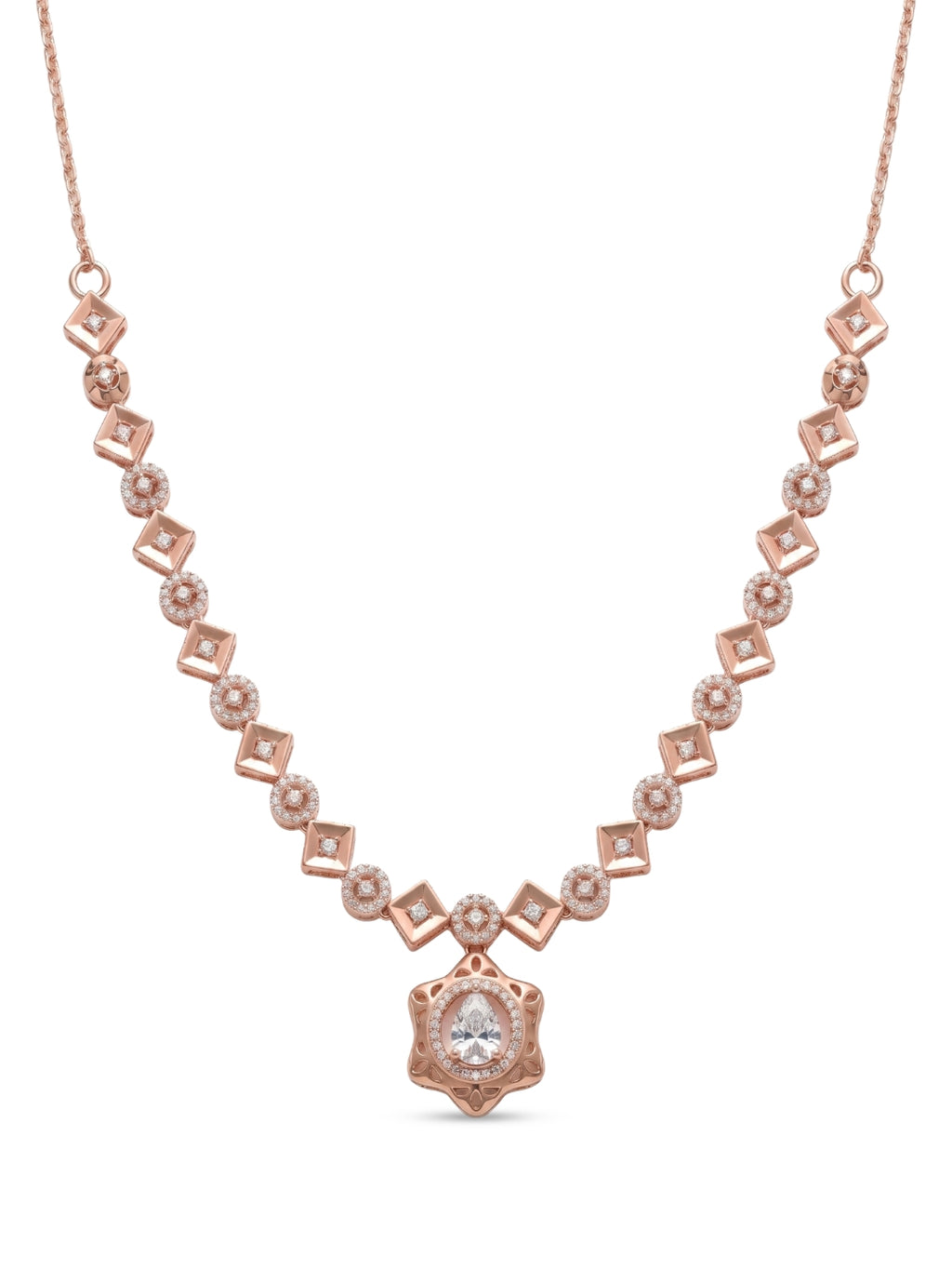 925 Sterling Silver Rose Gold Floral Halo Necklace Set with earrings