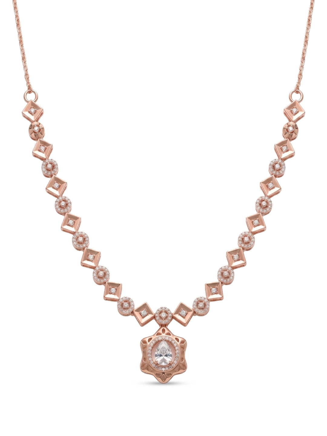 925 Sterling Silver Rose Gold Floral Halo Necklace Set with earrings