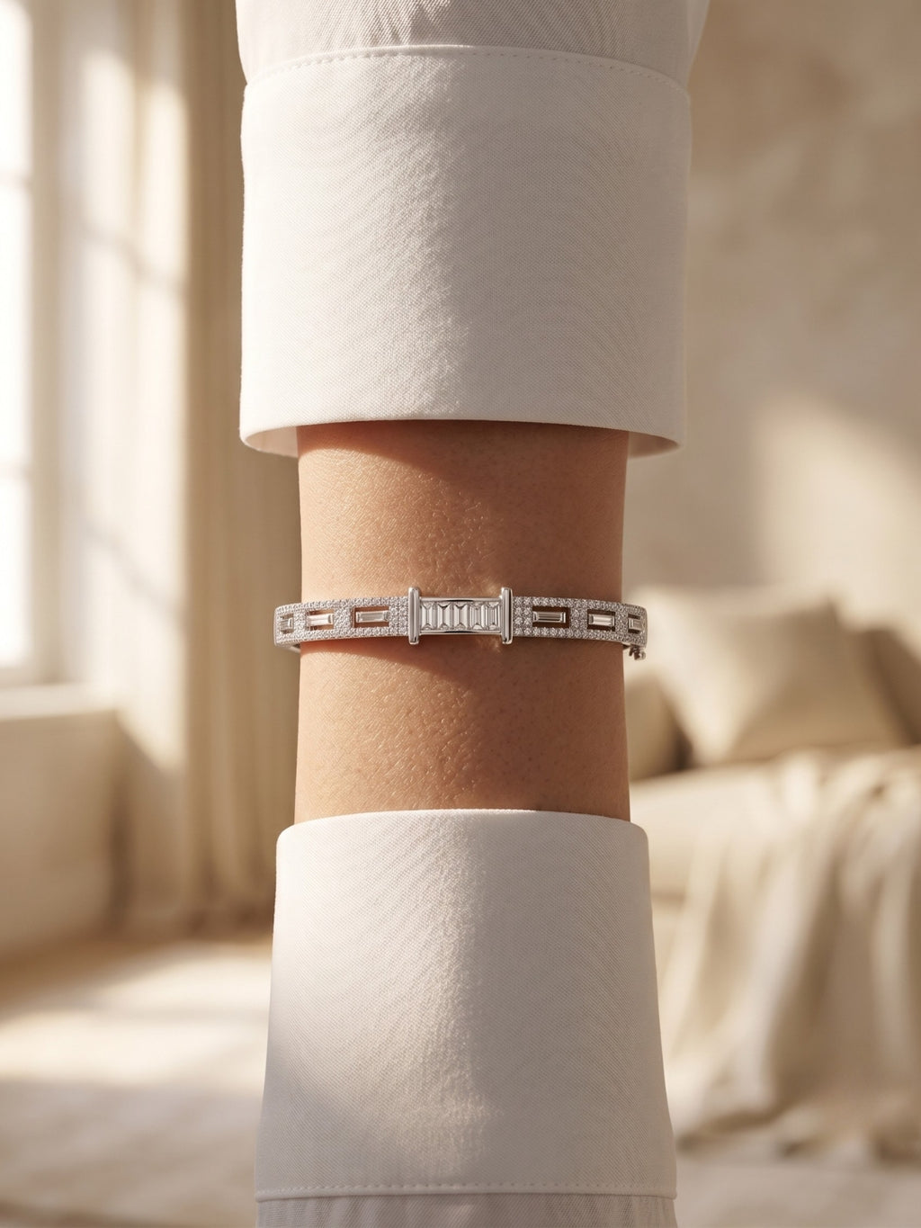 92.5 Sterling Silver Radiant Baguette Crystal Silver Bracelet for Women