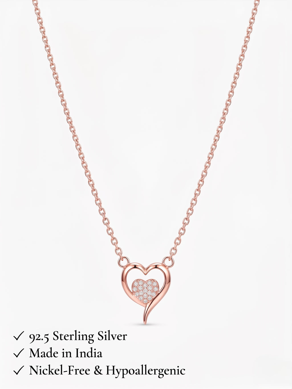 925 Sterling Silver Rose Gold Open Heart Cubic Zirconia Pendant Necklace for Women