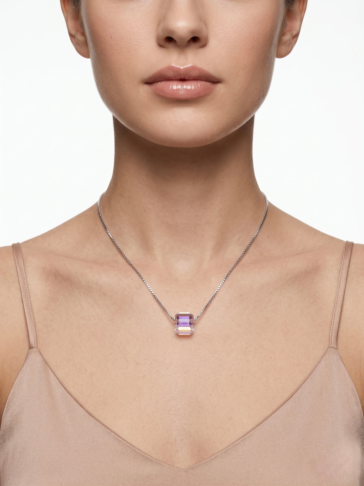 925 Sterling Silver Prism Glow Crystal Cube Necklace for Women