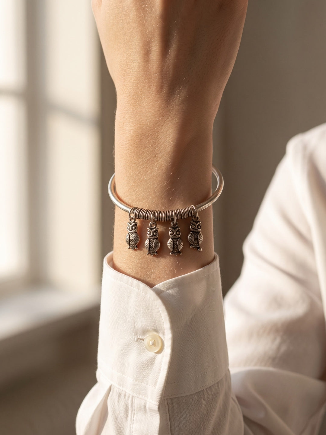 92.5 Sterling Silver Owl Charm Silver Bracelet for Women