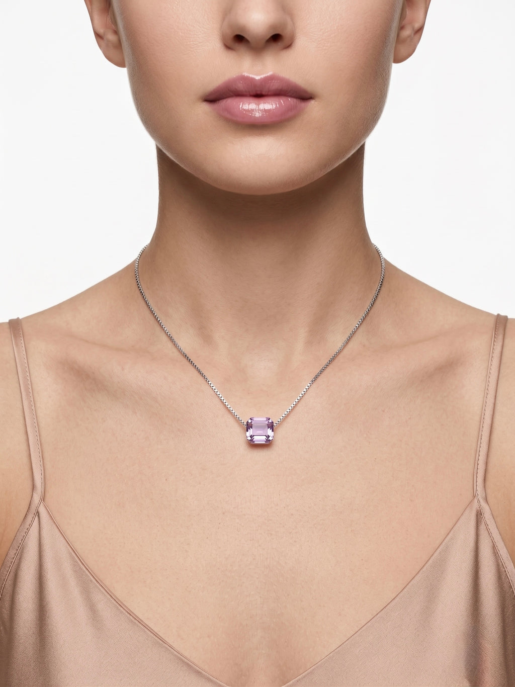 925 Sterling Silver Emerald-Cut Purple Solitaire Pendant Necklace for Women