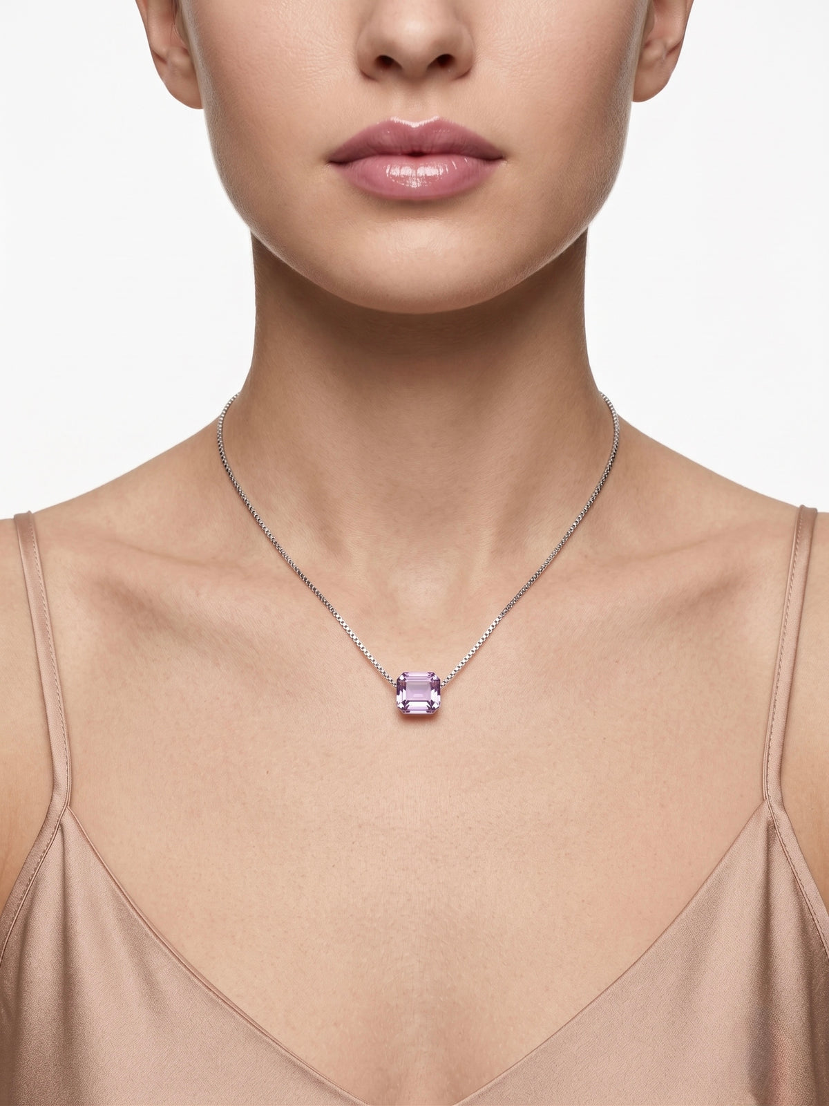 925 Sterling Silver Emerald-Cut Purple Solitaire Pendant Necklace for Women