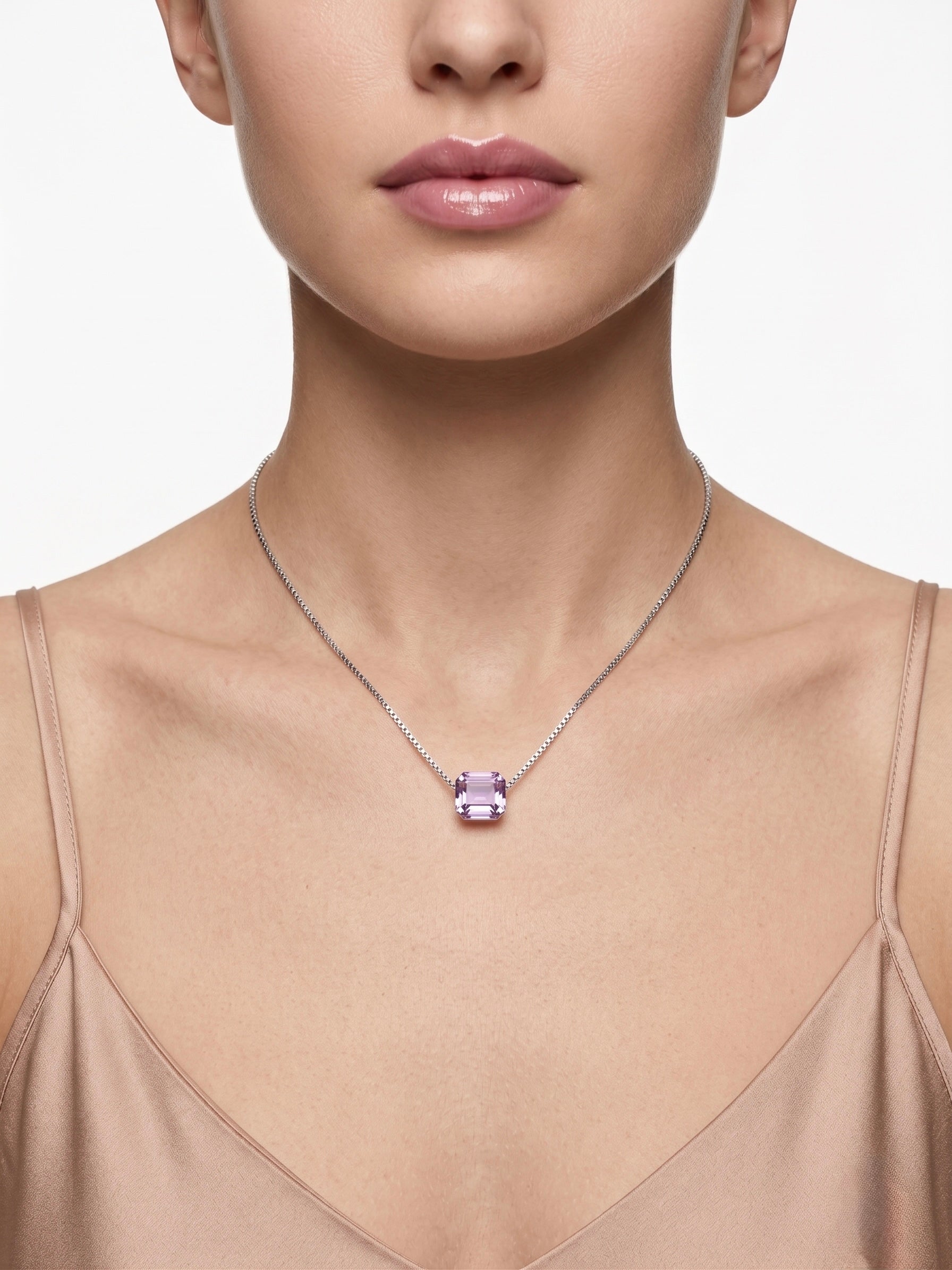 925 Sterling Silver Emerald-Cut Purple Solitaire Pendant Necklace for Women