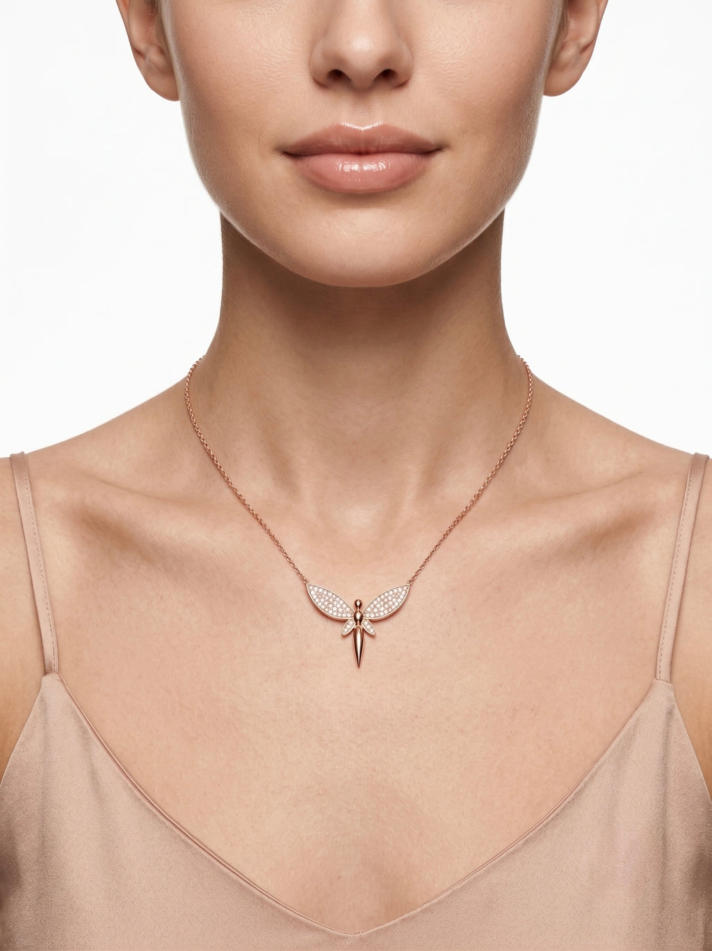 925 Sterling Silver Rose Gold Pavé Dragonfly Pendant Necklace for Women