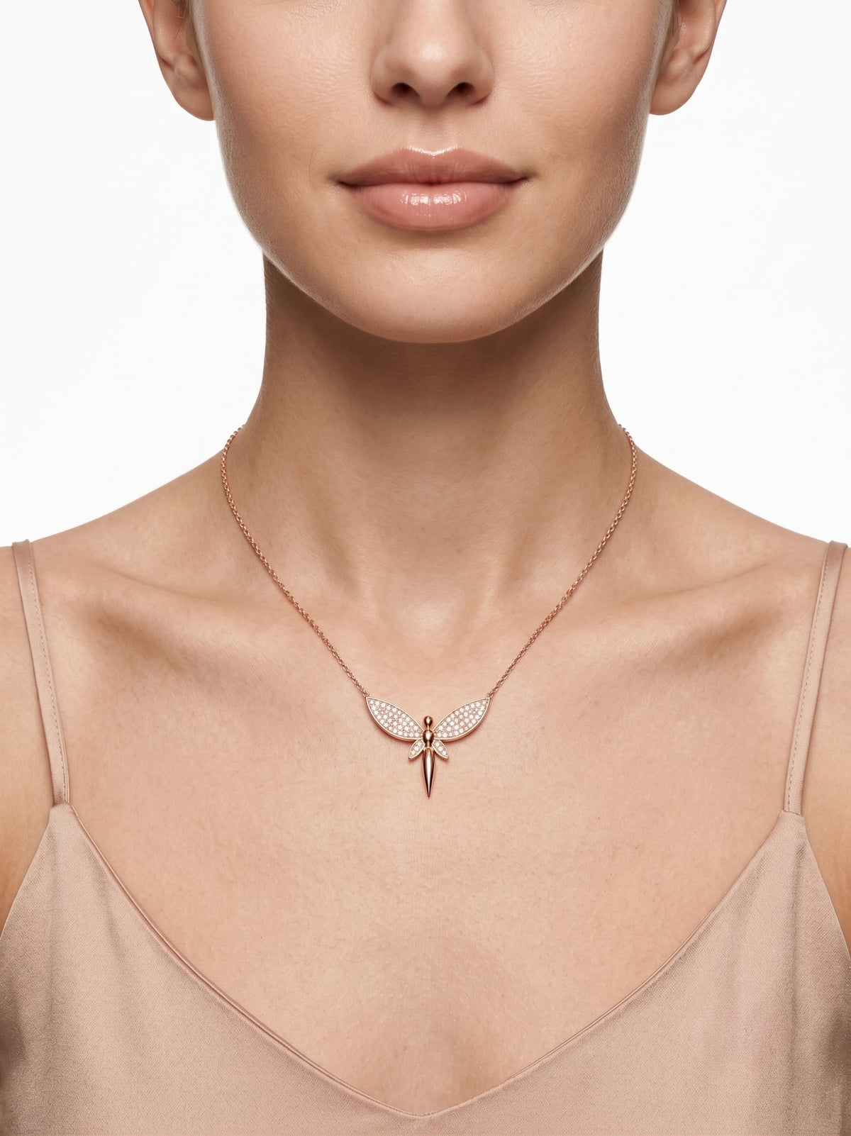 925 Sterling Silver Rose Gold Pavé Dragonfly Pendant Necklace for Women
